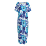 Blue Hibiscus Tropical Pattern Print Short Sleeve Long Nightdress