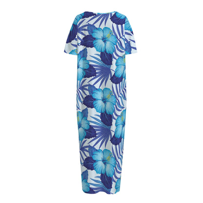 Blue Hibiscus Tropical Pattern Print Short Sleeve Long Nightdress
