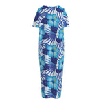 Blue Hibiscus Tropical Pattern Print Short Sleeve Long Nightdress