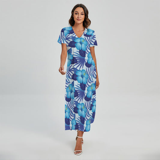 Blue Hibiscus Tropical Pattern Print Short Sleeve Maxi Dress