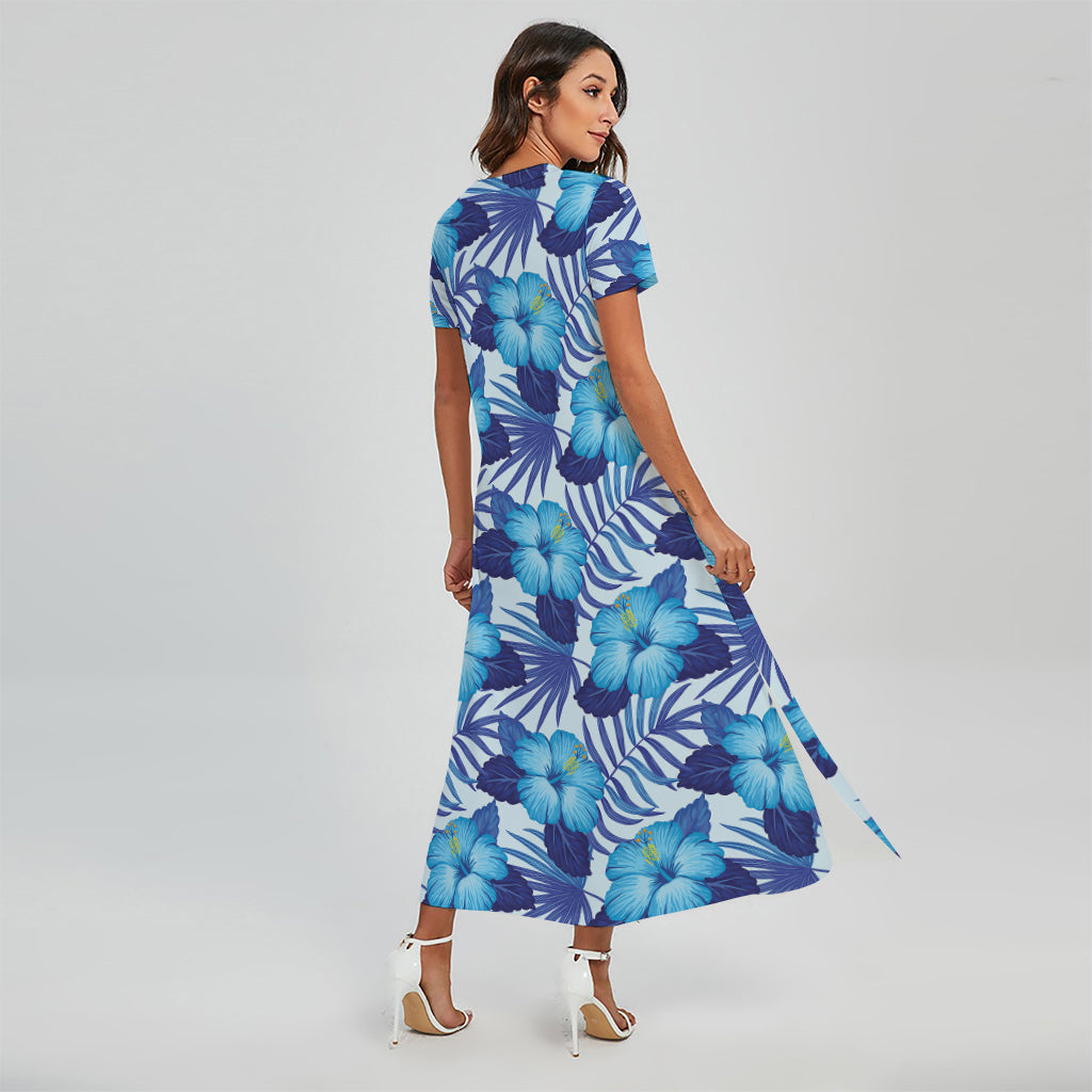 Blue Hibiscus Tropical Pattern Print Short Sleeve Maxi Dress