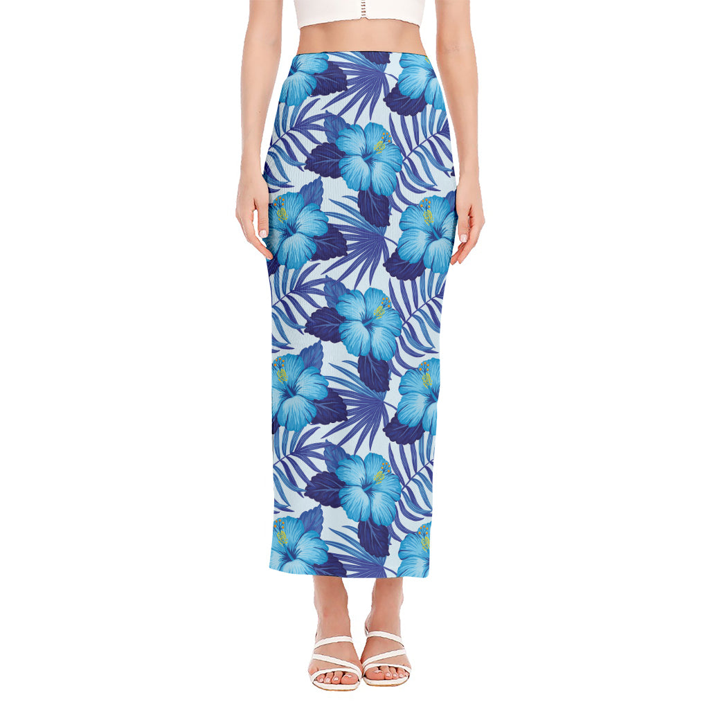 Blue Hibiscus Tropical Pattern Print Side Slit Maxi Skirt