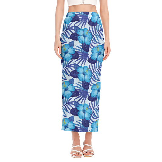 Blue Hibiscus Tropical Pattern Print Side Slit Maxi Skirt