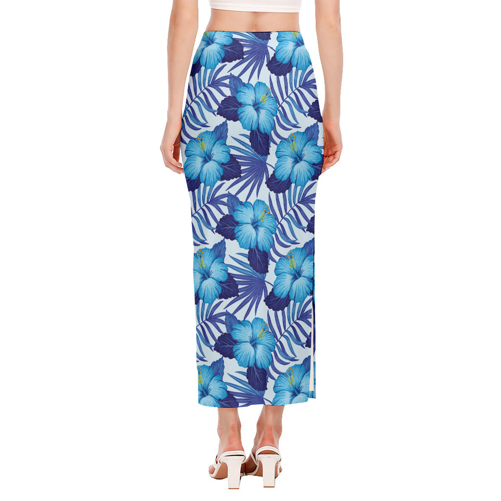 Blue Hibiscus Tropical Pattern Print Side Slit Maxi Skirt