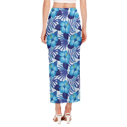 Blue Hibiscus Tropical Pattern Print Side Slit Maxi Skirt