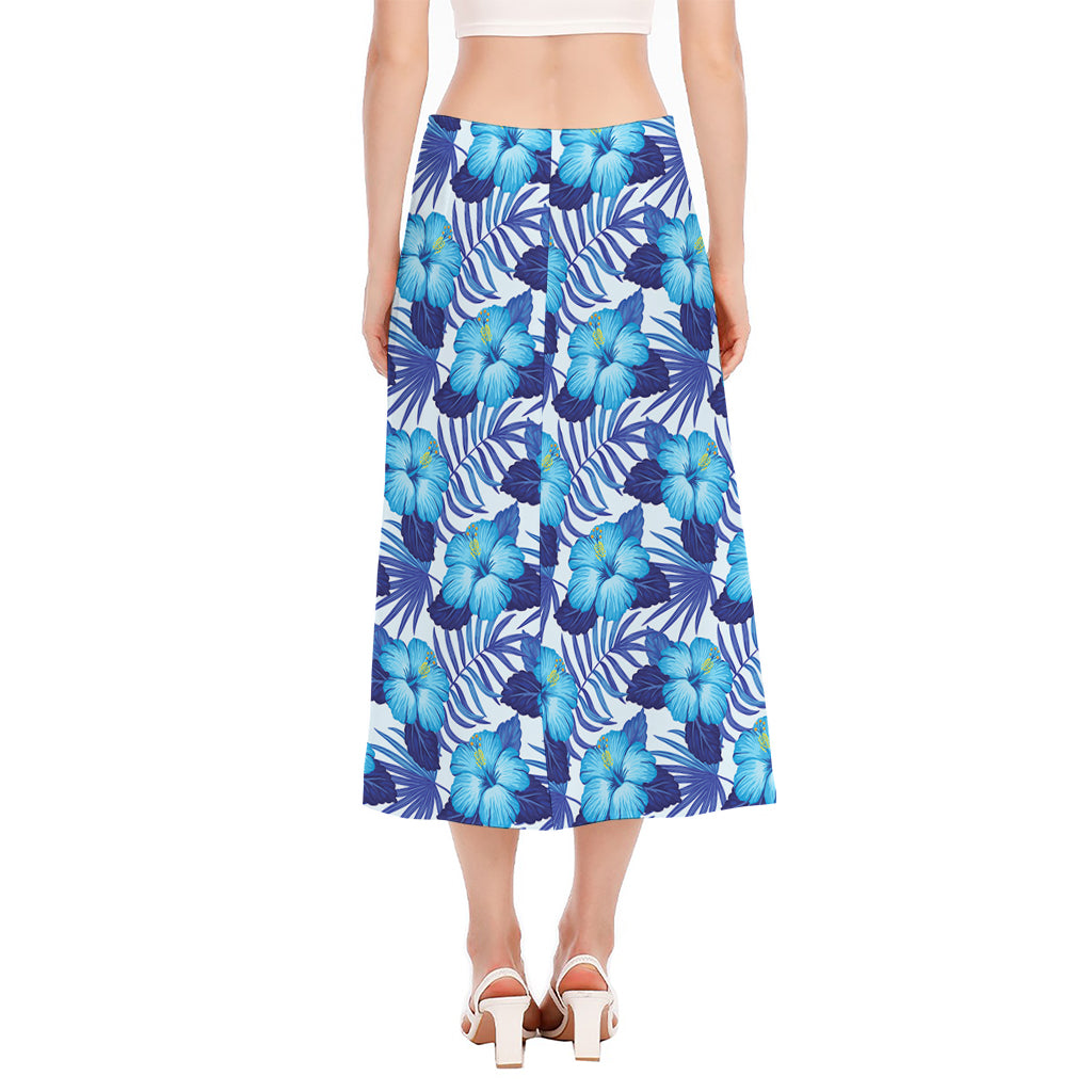 Blue Hibiscus Tropical Pattern Print Side Slit Midi Skirt