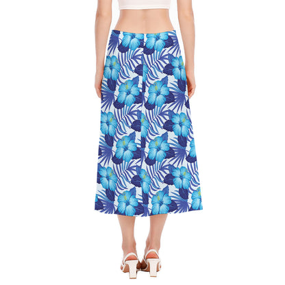 Blue Hibiscus Tropical Pattern Print Side Slit Midi Skirt