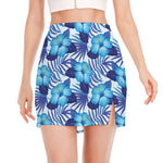 Blue Hibiscus Tropical Pattern Print Side Slit Mini Skirt