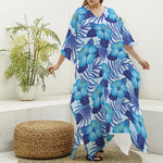 Blue Hibiscus Tropical Pattern Print Silk V-Neck Kaftan Dress