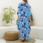 Blue Hibiscus Tropical Pattern Print Silk V-Neck Kaftan Dress