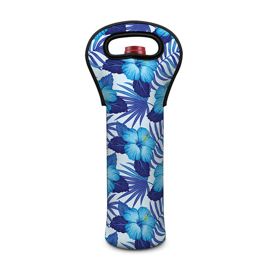 Blue Hibiscus Tropical Pattern Print Single Neoprene Wine Tote