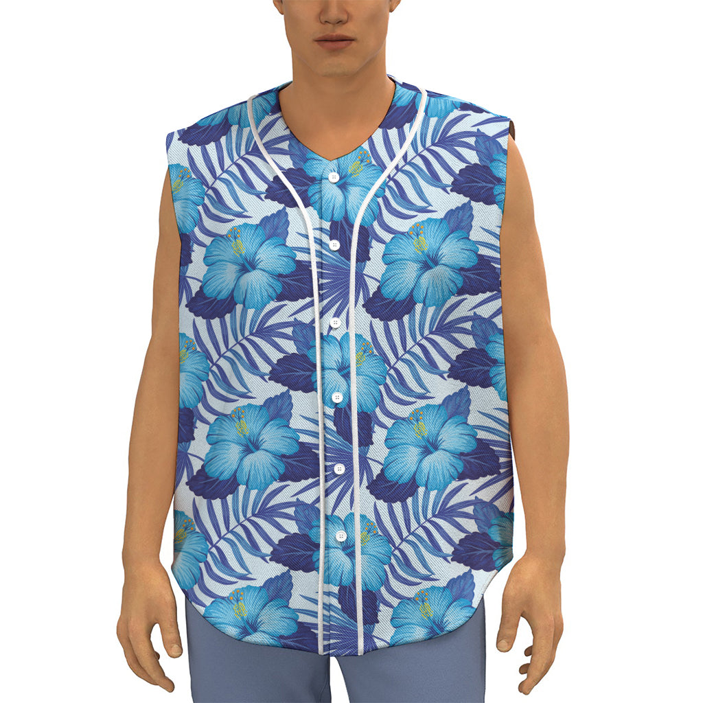 Blue Hibiscus Tropical Pattern Print Sleeveless Baseball Jersey