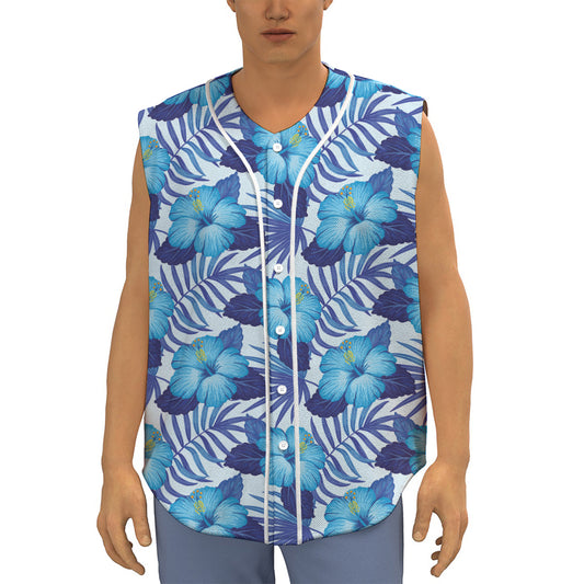Blue Hibiscus Tropical Pattern Print Sleeveless Baseball Jersey