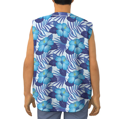 Blue Hibiscus Tropical Pattern Print Sleeveless Baseball Jersey