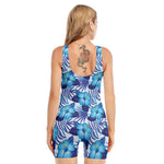 Blue Hibiscus Tropical Pattern Print Sleeveless One Piece Swimsuit