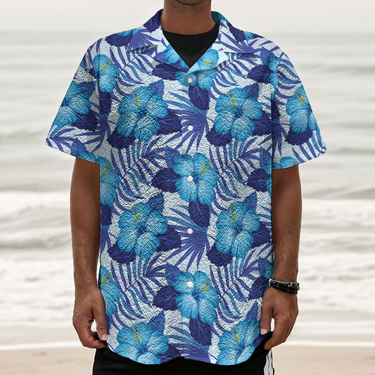 Blue Hibiscus Tropical Pattern Print Textured Short Sleeve Shirt