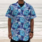Blue Hibiscus Tropical Pattern Print Textured Short Sleeve Shirt