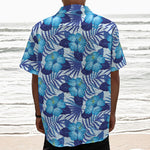 Blue Hibiscus Tropical Pattern Print Textured Short Sleeve Shirt