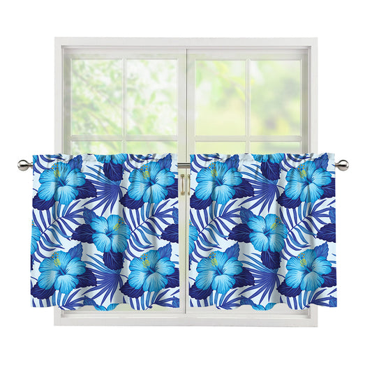 Blue Hibiscus Tropical Pattern Print Tier Curtains