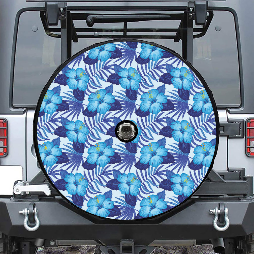 Blue Hibiscus Tropical Pattern Print Tire Cover With Camera Hole