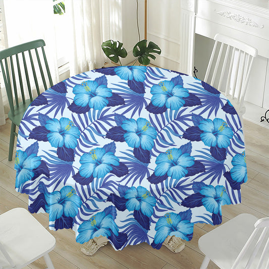 Blue Hibiscus Tropical Pattern Print Waterproof Round Tablecloth