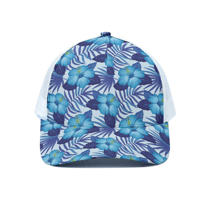 Blue Hibiscus Tropical Pattern Print White Mesh Trucker Cap