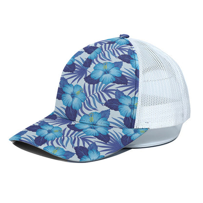 Blue Hibiscus Tropical Pattern Print White Mesh Trucker Cap