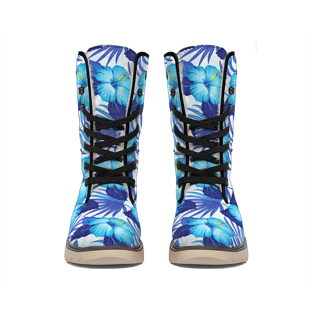 Blue Hibiscus Tropical Pattern Print Winter Boots