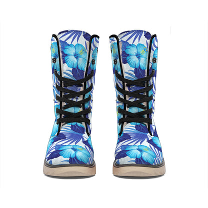 Blue Hibiscus Tropical Pattern Print Winter Boots