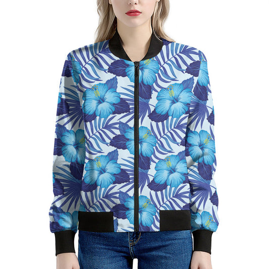 Blue Hibiscus Tropical Pattern Print Women's Bomber Jacket