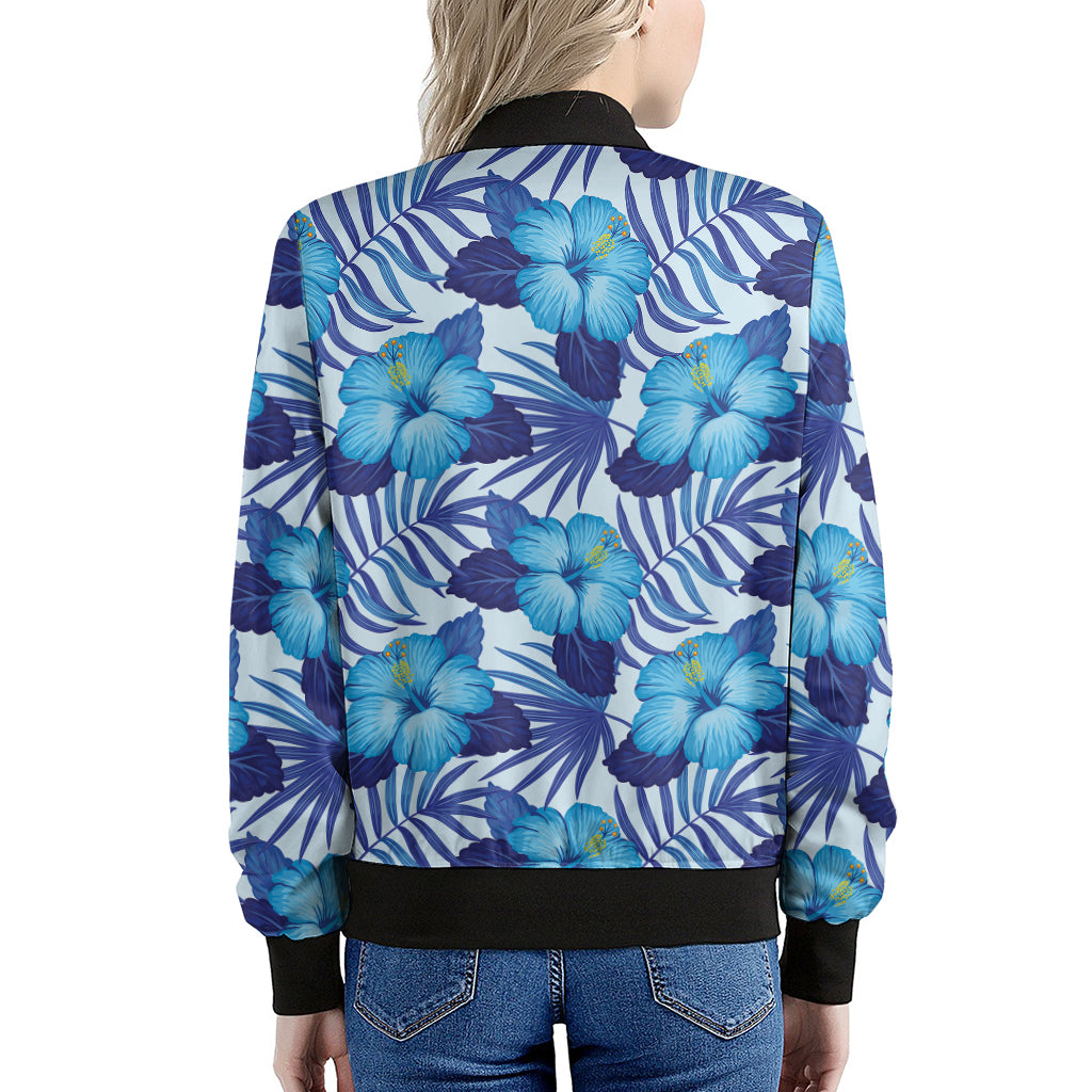 Blue Hibiscus Tropical Pattern Print Women's Bomber Jacket