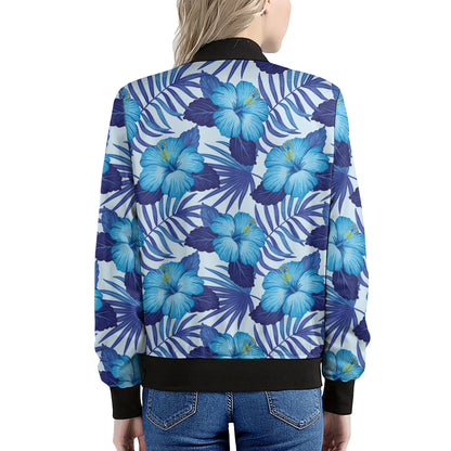 Blue Hibiscus Tropical Pattern Print Women's Bomber Jacket