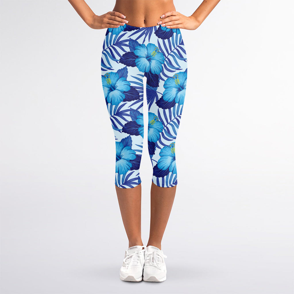 Blue Hibiscus Tropical Pattern Print Women's Capri Leggings