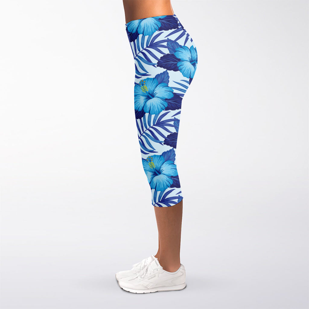 Blue Hibiscus Tropical Pattern Print Women's Capri Leggings