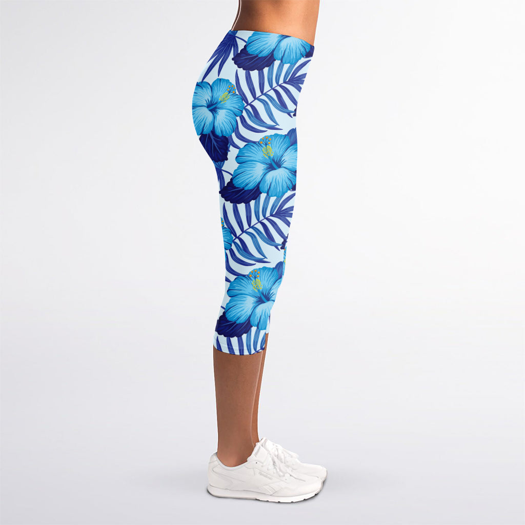 Blue Hibiscus Tropical Pattern Print Women's Capri Leggings