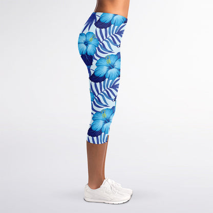 Blue Hibiscus Tropical Pattern Print Women's Capri Leggings