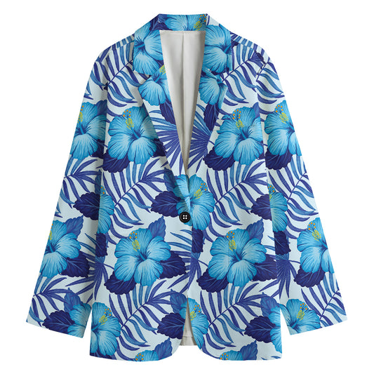 Blue Hibiscus Tropical Pattern Print Women's Cotton Blazer
