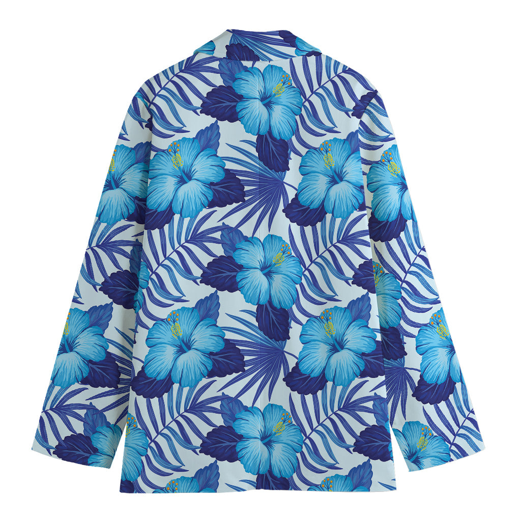 Blue Hibiscus Tropical Pattern Print Women's Cotton Blazer