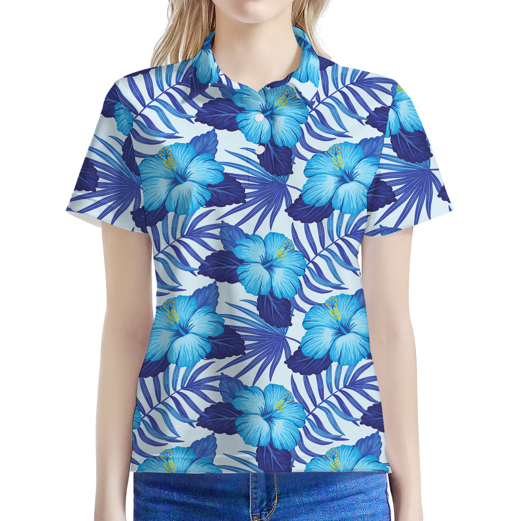 Blue Hibiscus Tropical Pattern Print Women's Polo Shirt
