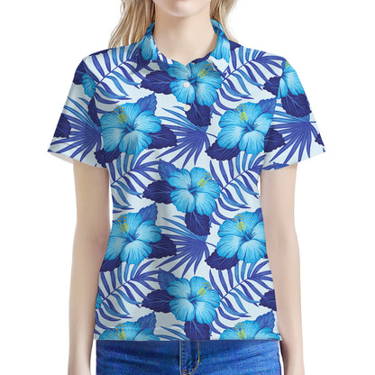 Blue Hibiscus Tropical Pattern Print Women's Polo Shirt