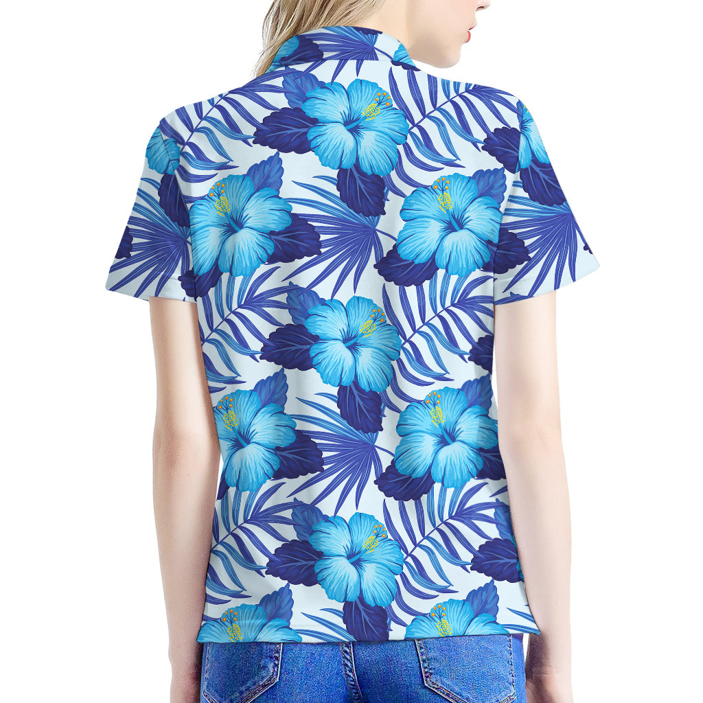Blue Hibiscus Tropical Pattern Print Women's Polo Shirt