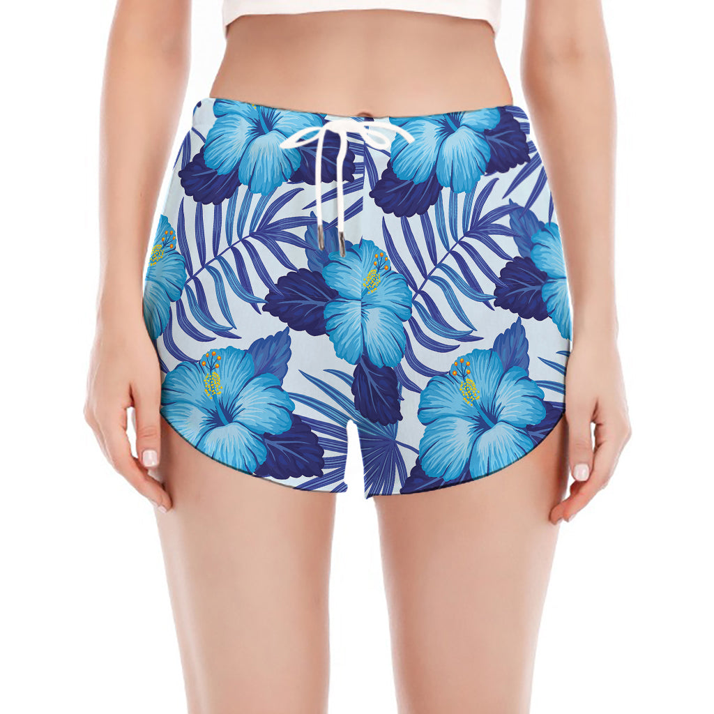 Blue Hibiscus Tropical Pattern Print Women's Split Running Shorts