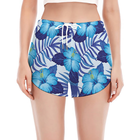 Blue Hibiscus Tropical Pattern Print Women's Split Running Shorts
