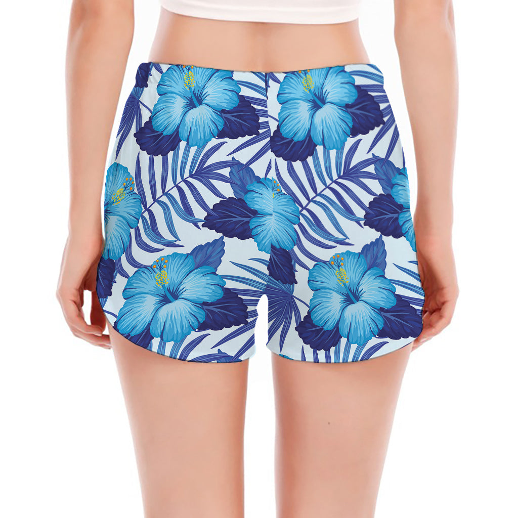 Blue Hibiscus Tropical Pattern Print Women's Split Running Shorts