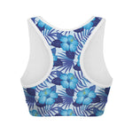 Blue Hibiscus Tropical Pattern Print Women's Sports Bra
