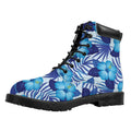 Blue Hibiscus Tropical Pattern Print Padded Collar Lace Up Boots