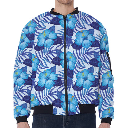 Blue Hibiscus Tropical Pattern Print Zip Sleeve Bomber Jacket
