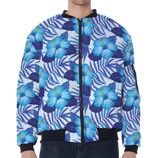 Blue Hibiscus Tropical Pattern Print Zip Sleeve Bomber Jacket
