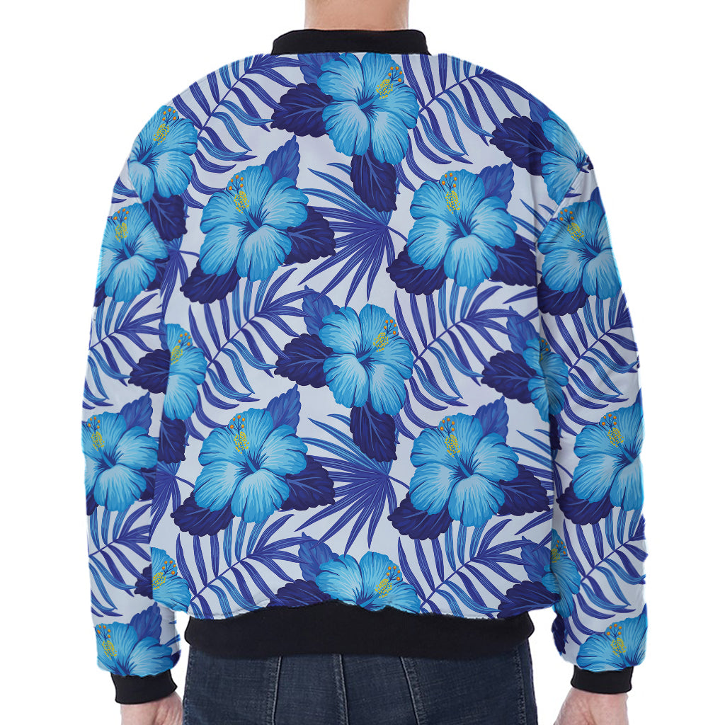 Blue Hibiscus Tropical Pattern Print Zip Sleeve Bomber Jacket