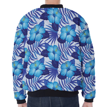 Blue Hibiscus Tropical Pattern Print Zip Sleeve Bomber Jacket